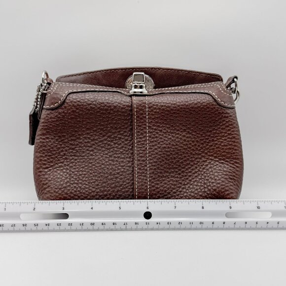 Coach Brown Pebbled Leather Wristlet Bag – Turnlock Closure & Contrast Stitching - Picture 10 of 10